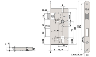 Замок ЗВ-72/55 Корпус врезного замка с защёлкой с отв. планкой