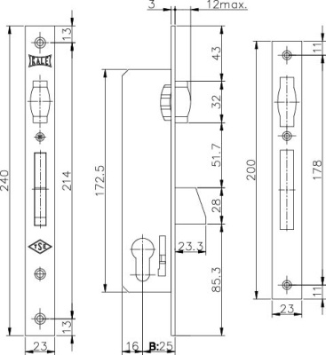KALE 255 25 мм. Замок врезной РОЛИК