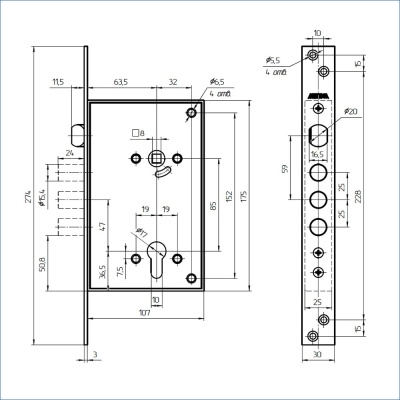 Балашиха ЗВ7 718.0.0 м/о 85 мм, б/о, без ц/м, 3 ригелей d15,4 мм Замок врезной тяж