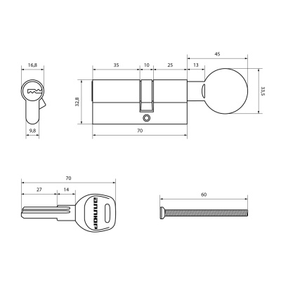 АЛЛЮР F.G 70 (С30*40) PB перфокл/верт Цилиндровый механизм (латунь)