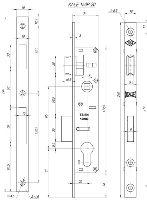 KALE 153/P 20 мм УЗКОПРОФ, Замок врезной б/руч б/цм (никель)