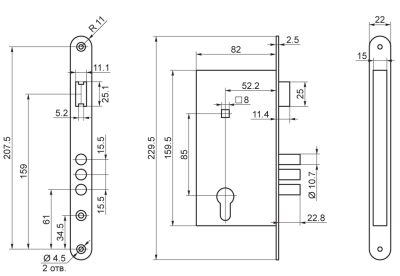 Рязань ЗВ 4-3 Замок врезной с ручками (золото)