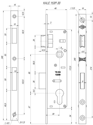 KALE 153/P 30 мм УЗКОПРОФ, Замок врезной б/руч б/цм (никель)